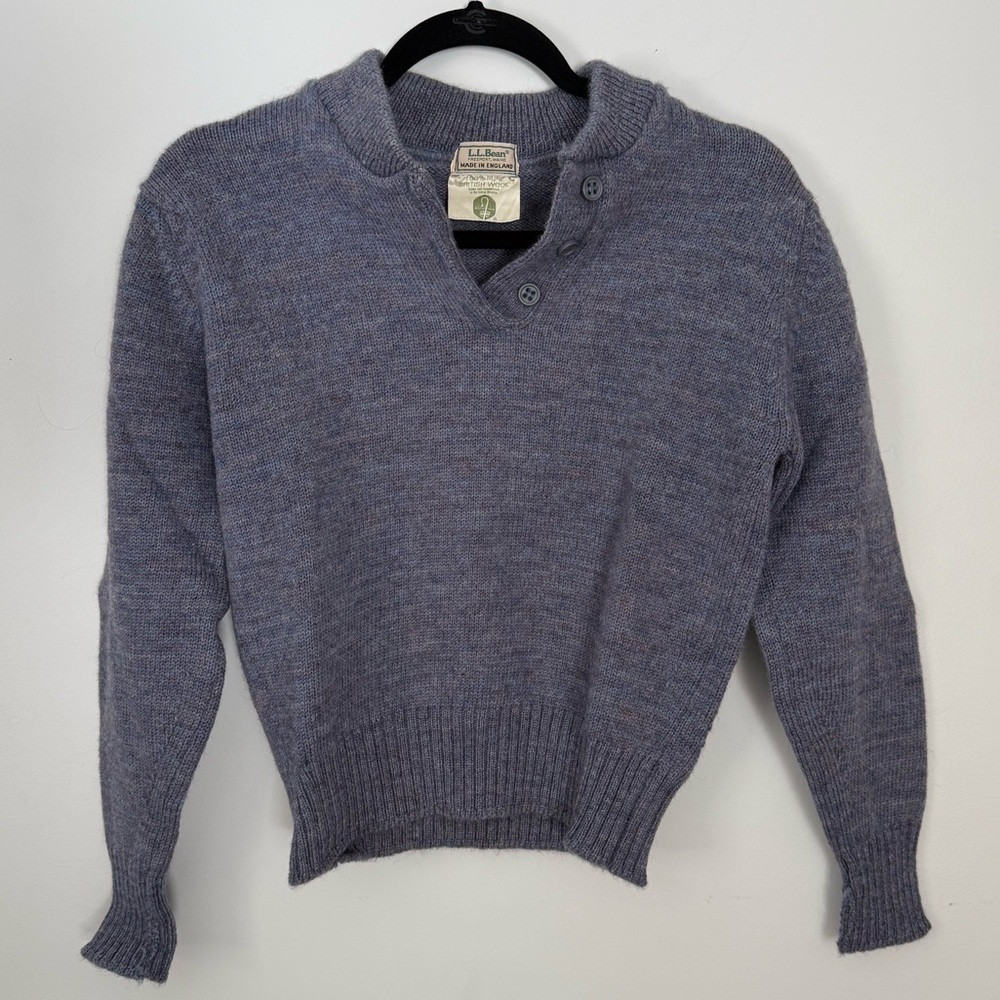 LL Bean Sweater Womens Medium 100% British Wool Vintage Henley Pullover Blue